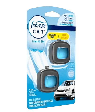 Febreze Car Vent Clip offers subtle, long-lasting Linen & Sky freshness for 30 days