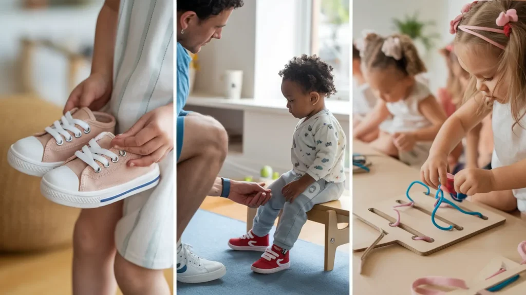 Step-by-step shoe tying guide for kids: shoes, practice, games, and fixing mistakes