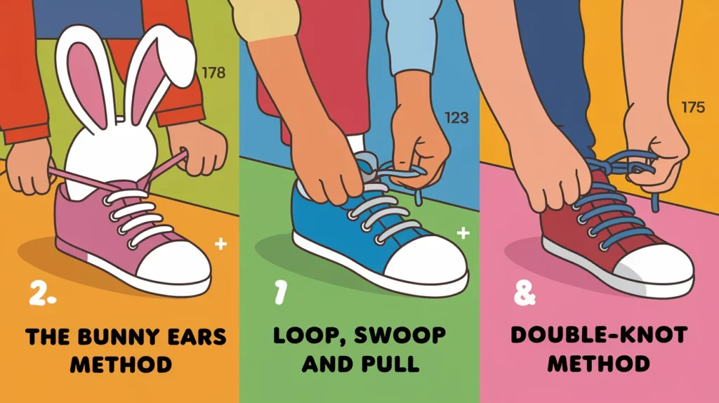 Different methods to teach kids shoe tying: Bunny Ears, Loop, and Double-Knot