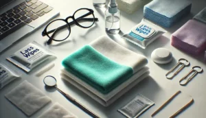 Cleaning Cloths for Glasses: A neatly folded microfiber cloth next to glasses and a mirror