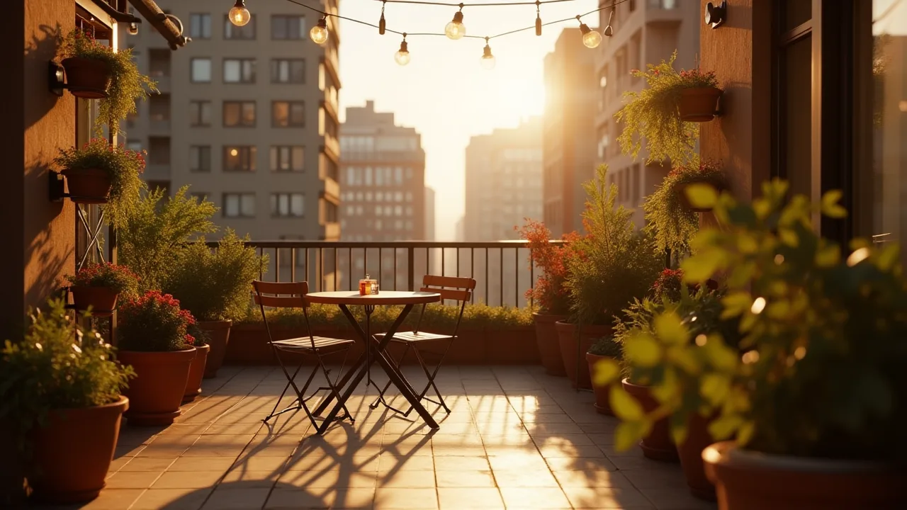 A beautifully decorated small urban balcony with cozy furniture and lush greenery