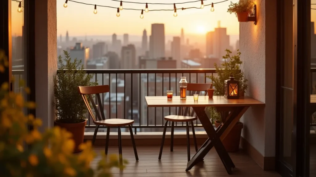 Small urban balcony with a foldable table, compact stools, and cozy dining setup