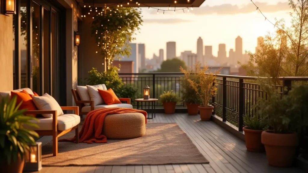 Urban balcony with a cozy rug, outdoor cushions, and weather-resistant textiles