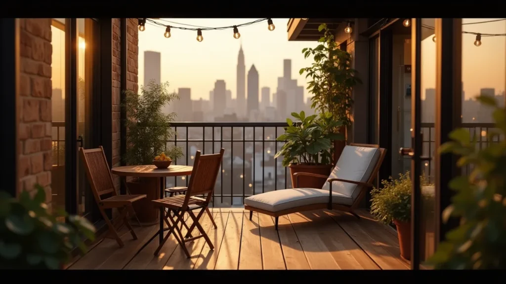Small urban balcony with foldable furniture, potted plants, and city views.