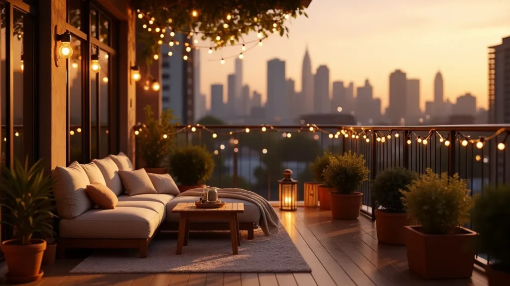 Urban balcony with string lights, lanterns, and solar-powered lighting for a cozy ambiance.
