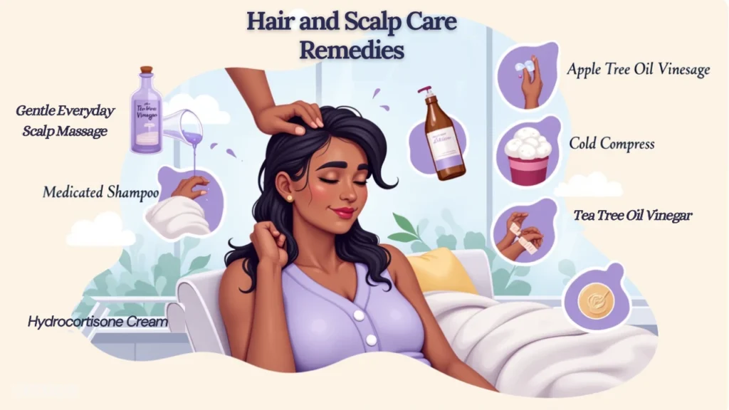 Person applying scalp treatments like tea tree oil, ACV rinse, and cold compress.







