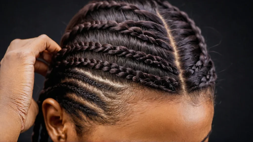 Red, irritated scalp with tight braids, showing bumps, flakes, and tension.