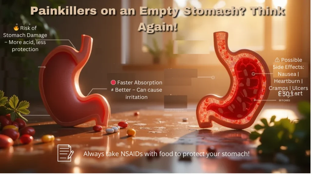 Effects of taking painkillers without food, showing irritation and symptoms