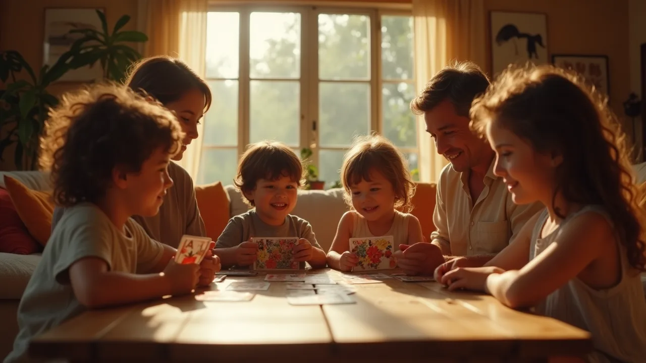 Kids and adults enjoying a Old Maid Card Game with colorful playing cards.