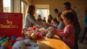 People happily donate used toys at a community center, spreading joy and kindness