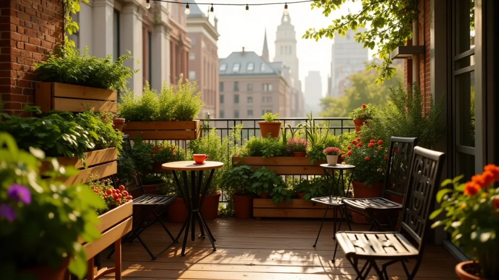 Urban balcony with container gardening, railing planters, and tiered stands full of greenery