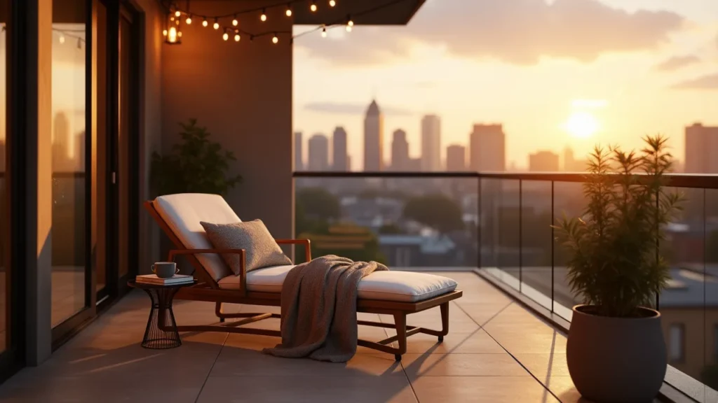 Urban balcony with a reclining deck chair, built-in table, and cozy decor