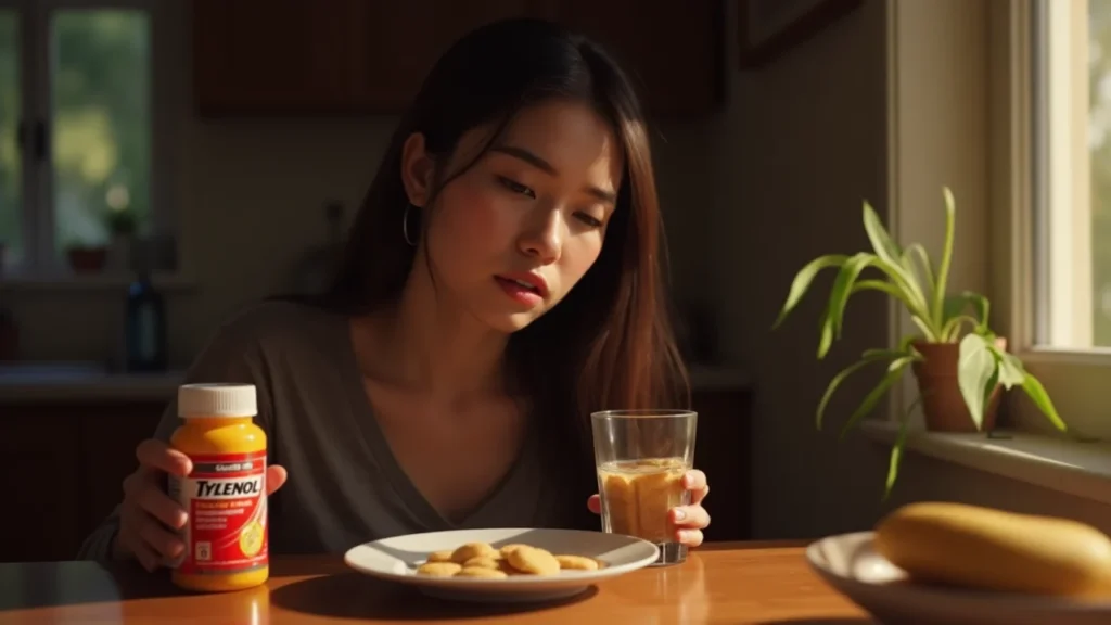 A person holding a Tylenol bottle, considering taking it without food