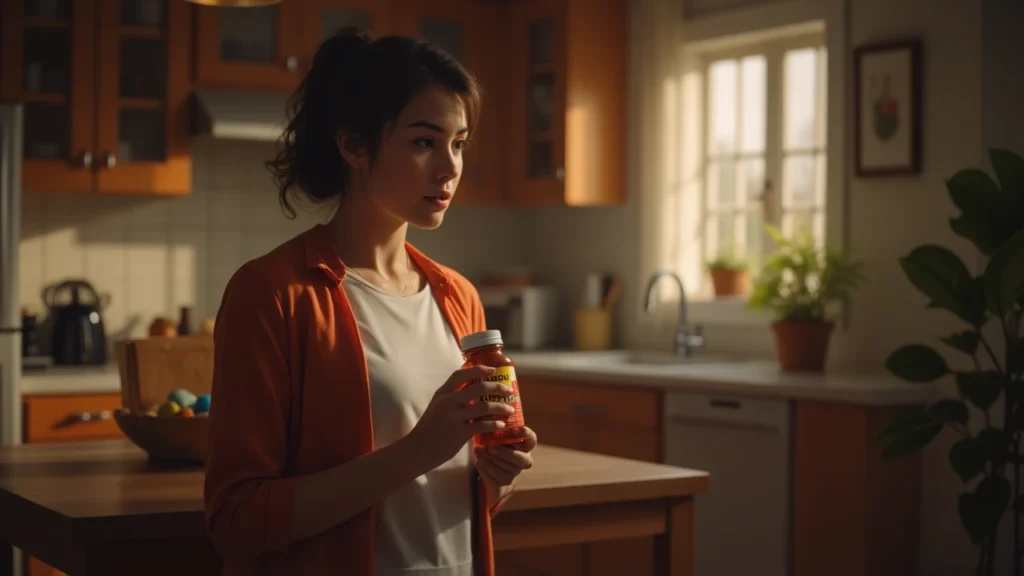 A person holding a Tylenol bottle, reading the label with a thoughtful expression