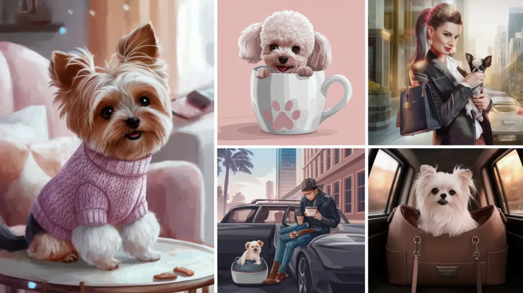 Cute teacup dogs in sweaters, handbags, coffee mugs, and city apartments.