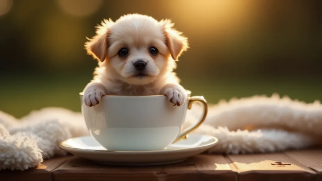 Tiny teacup dog sitting inside a teacup, showcasing its miniature size