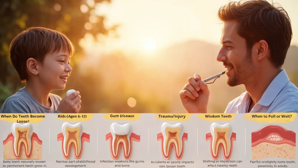 Child losing baby tooth, adult with loose tooth, dental care tips