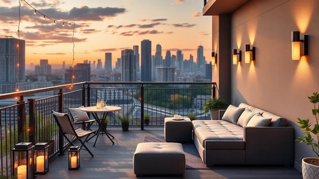 Urban balcony with bistro set, foldable chair, storage bench, and cozy lighting