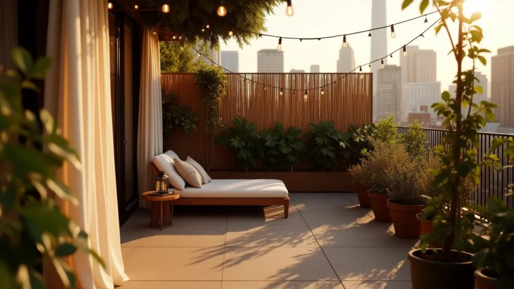 Urban balcony with privacy screens, curtains, and tall plants creating a secluded retreat