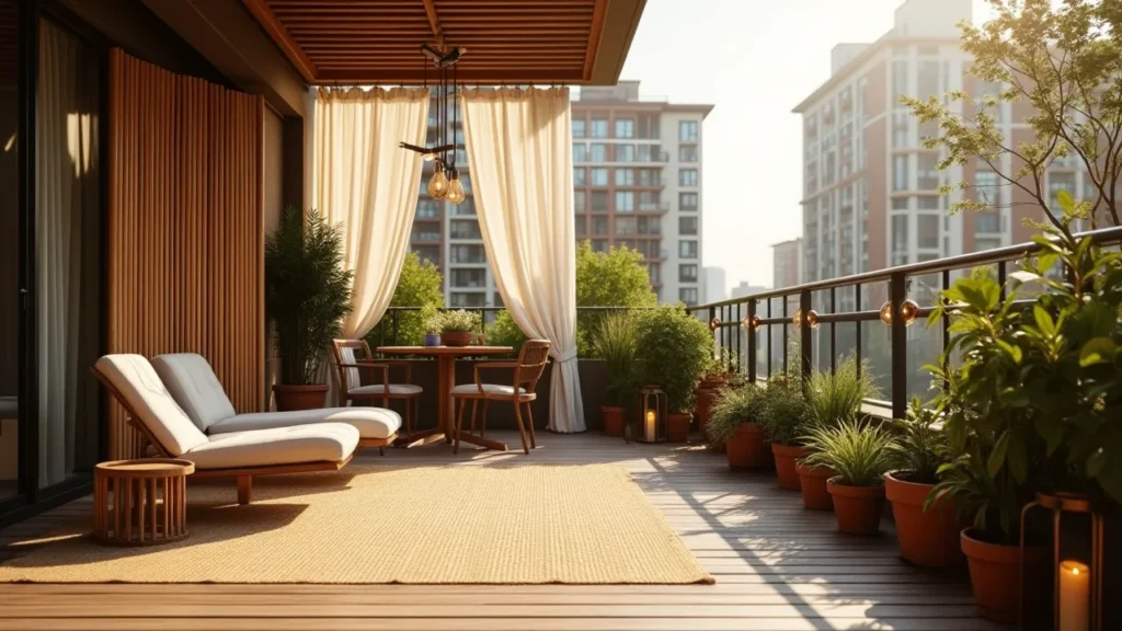 Urban balcony with rugs, bamboo screens, and curtains creating separate functional zones