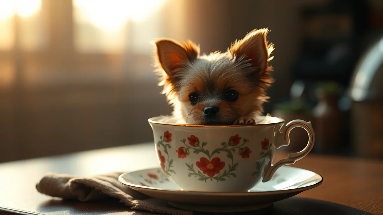 A cute Teacup Dogs sitting in a cozy teacup, looking adorable and cuddly