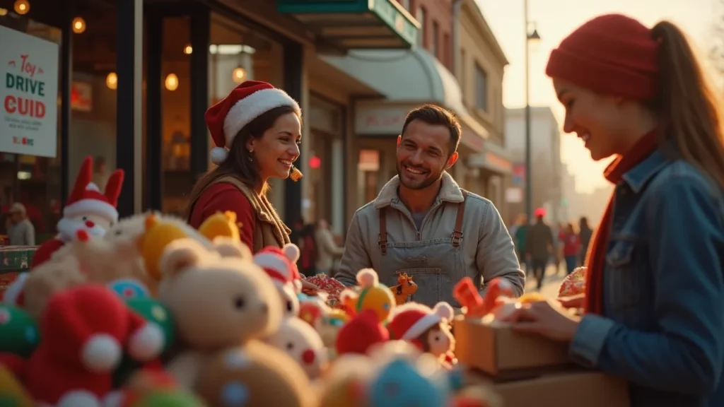 People hosting a toy drive and donating at a local business.