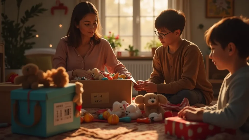 Family packing toys with care and adding a heartfelt note.