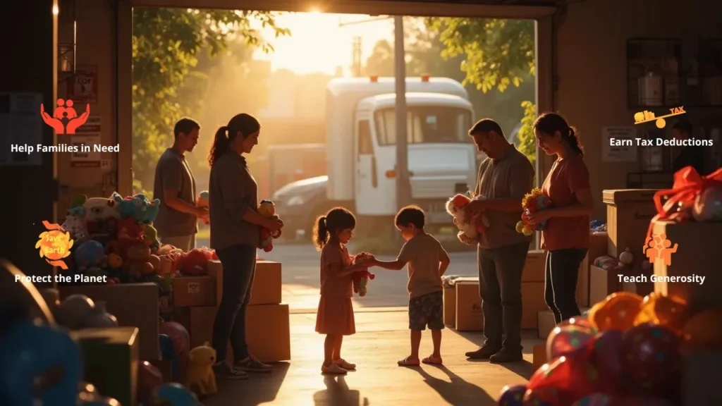 Children receiving donated toys at a charity, spreading joy and hope.