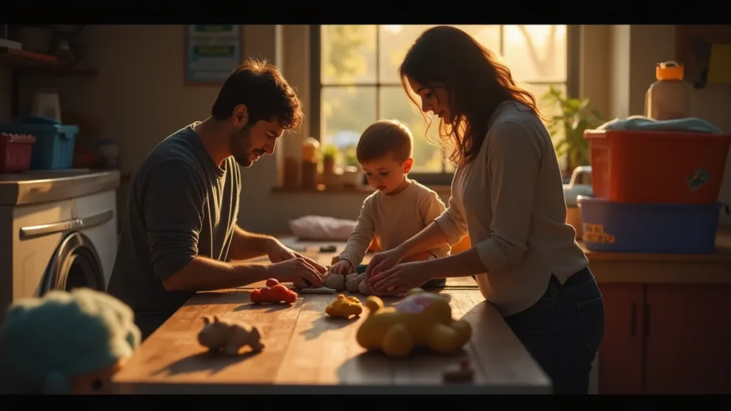 Family cleaning and organizing toys for safe and donation-ready use.
