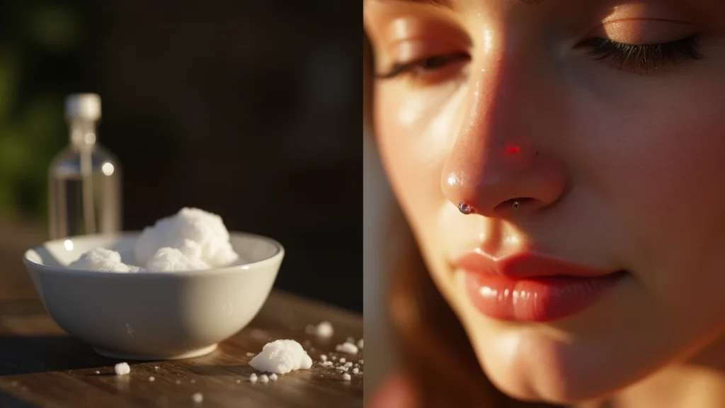 Close-up of a nose piercing with irritation, bump, and infection signs