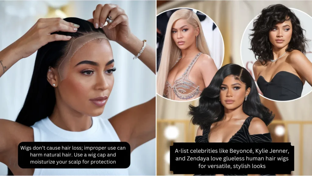 Wigs don’t cause hair loss; improper use can harm natural hair. A-list celebrities love glueless human hair wigs for versatile, stylish looks.