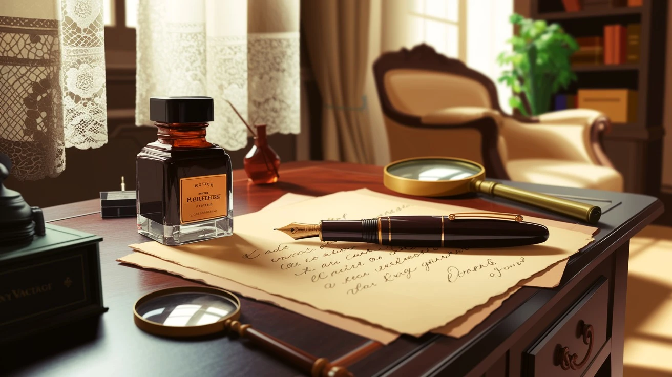 Vintage fountain pens: A 1930s Parker Vacumatic with an amber ink bottle and aged paper, evoking classic craftsmanship