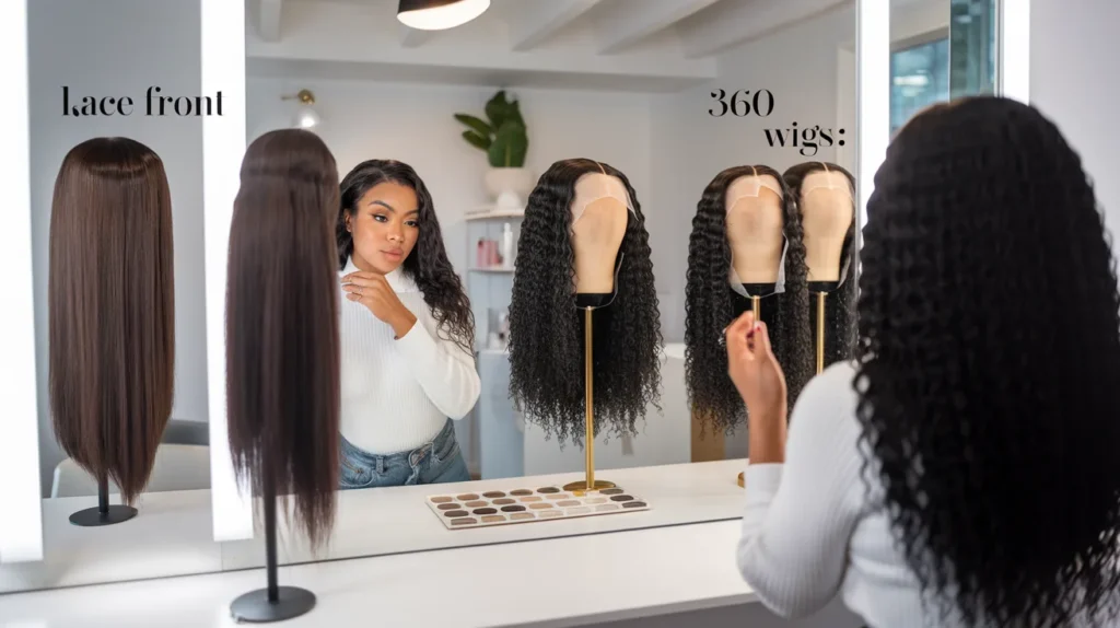 Woman selecting a glueless human hair wig from a stylish wig display