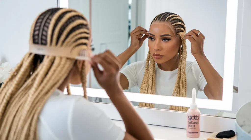 Woman adjusting a glueless human hair wig in front of a mirror