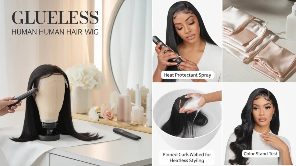 Glueless Human Hair Wig on a mannequin with styling, washing, and storage essentials