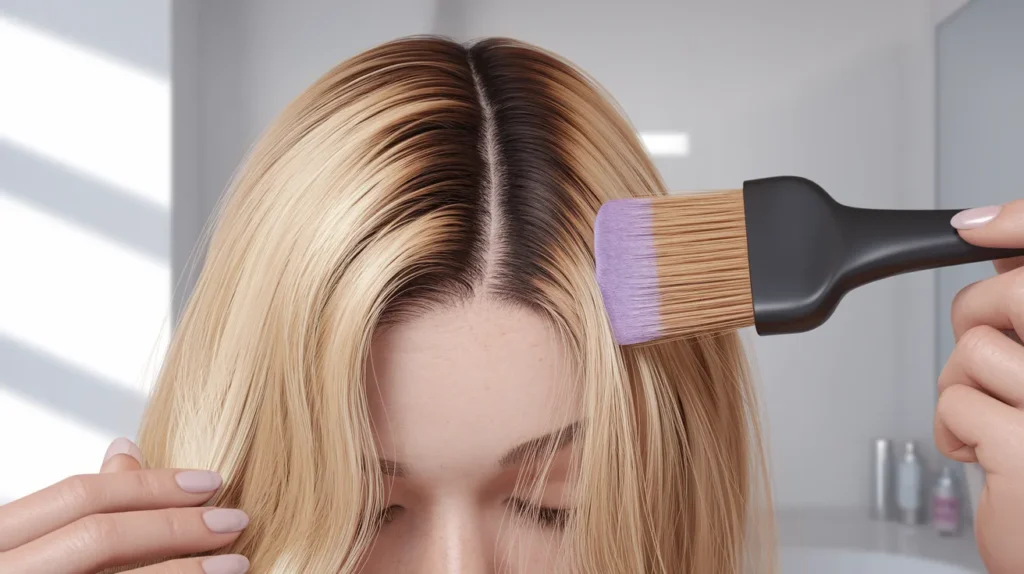 Applying purple toner to remove brassiness from bleached blonde hair
