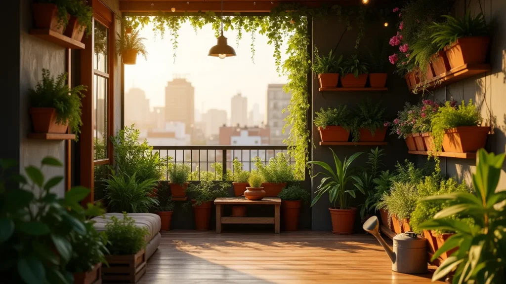Urban balcony with a vertical garden, hanging planters, and lush greenery