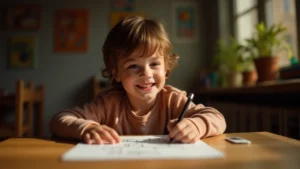 Happy child learning how to teach kids to write their name using colorful markers on paper.
