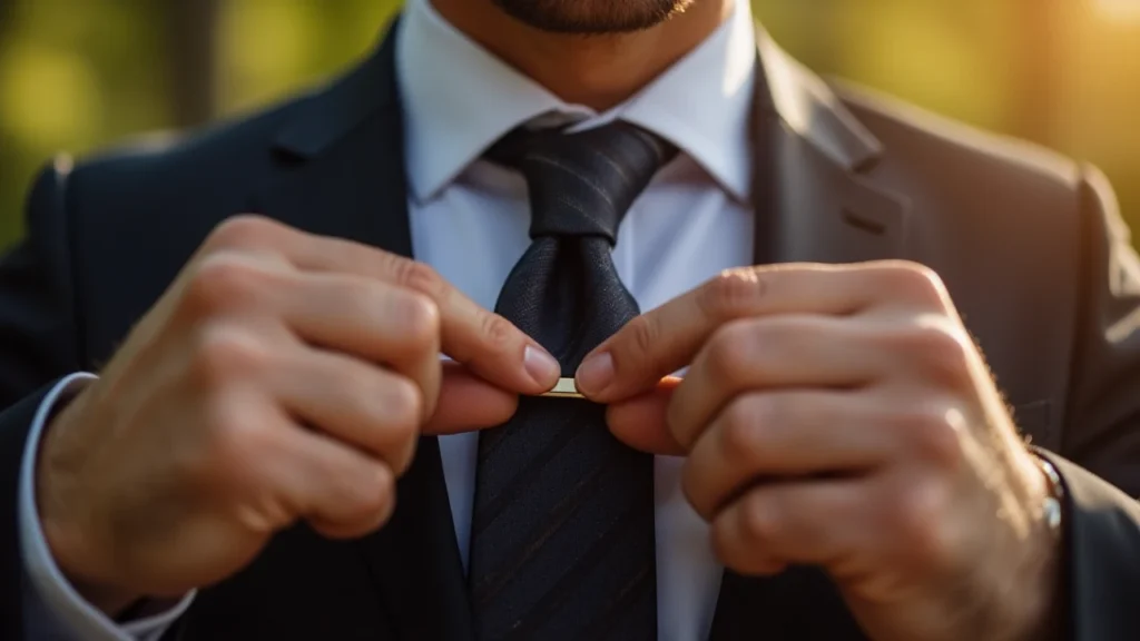Center the tie dimple and secure it with a tie clip.