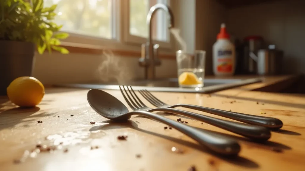 Blackened stainless steel cutlery with tarnish caused by heat, water, and chemicals