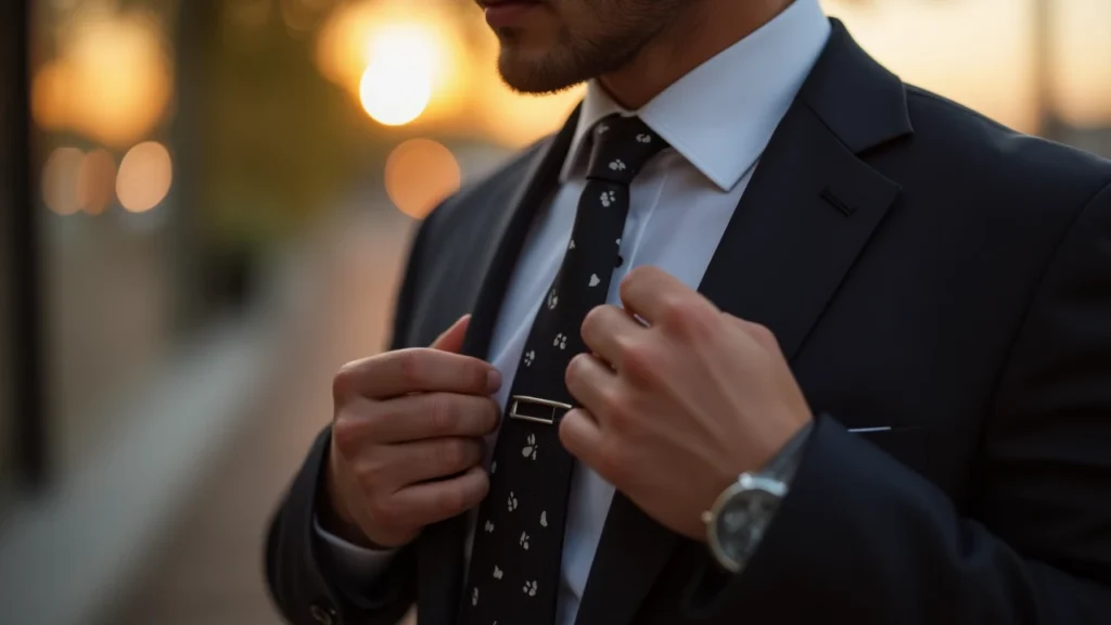 Man adjusting tie with dimple, secured by a tie bar, ensuring perfect placement.