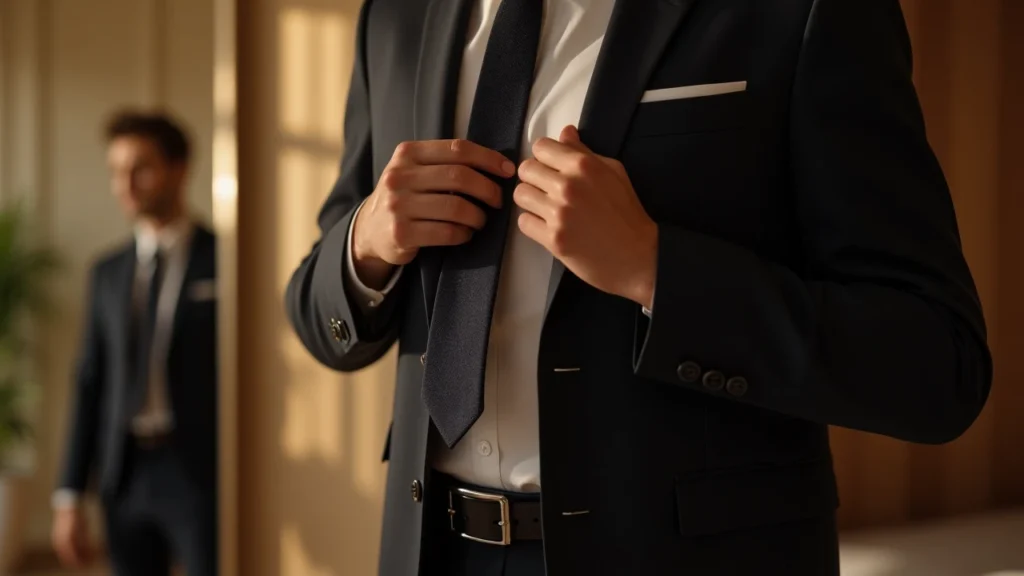 Person checking tie in mirror, ensuring dimple is centered and length is correct.