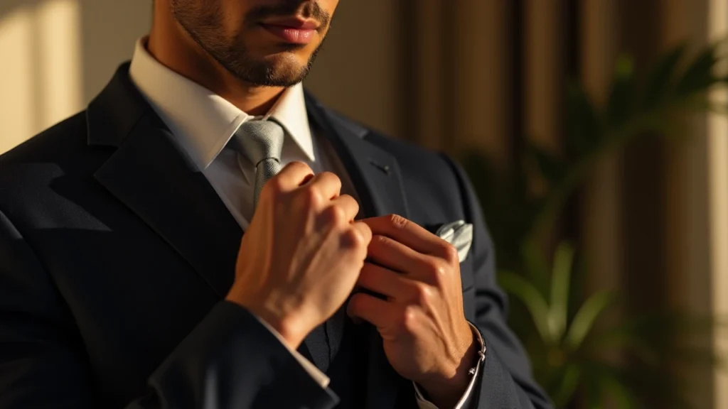 Man adjusting pocket square and cufflinks, wearing a well-fitted shirt with dimpled tie.