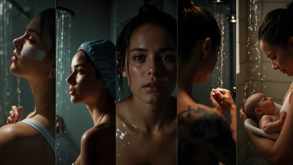 Collage of special showering scenarios, from post-surgery care to showering with a baby