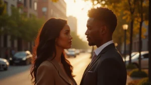 A diverse couple engaged in a warm, heartfelt conversation in a vibrant urban setting, symbolizing genuine love and connection