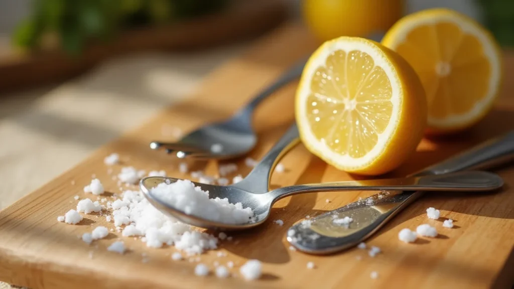 Stainless steel cutlery being scrubbed with lemon and salt to restore shine