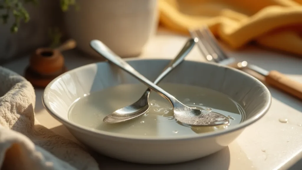 Stainless steel cutlery soaking in soapy water for a mild refresh.