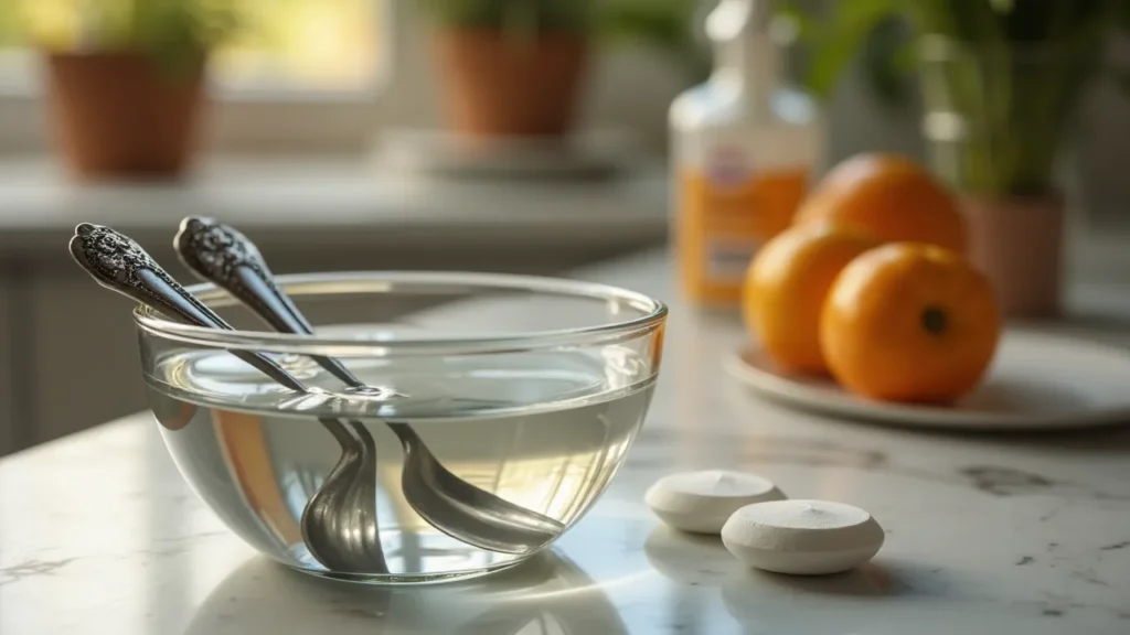 Intricate stainless steel cutlery soaking with denture tablets for cleaning.