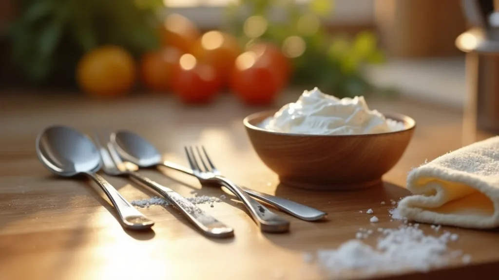 Stainless steel cutlery being cleaned with baking soda paste for tarnish removal.