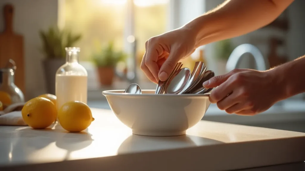 Step-by-step guide showing stainless steel cutlery restoration process.